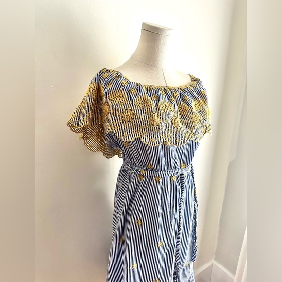 Flying Tomato Cotton Blend Embroidered Off-Shoulder Striped Sundress SZ M - Picture 2 of 9